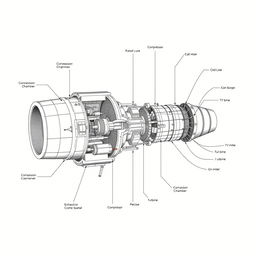 A detailed schematic diagram of a turbojet engine, showcasing all internal parts and mechanisms with precise dimensions