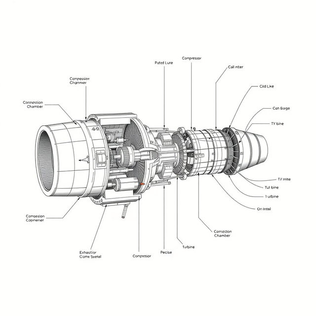 A detailed schematic diagram of a turbojet engine, showcasing all internal parts and mechanisms with precise dimensions