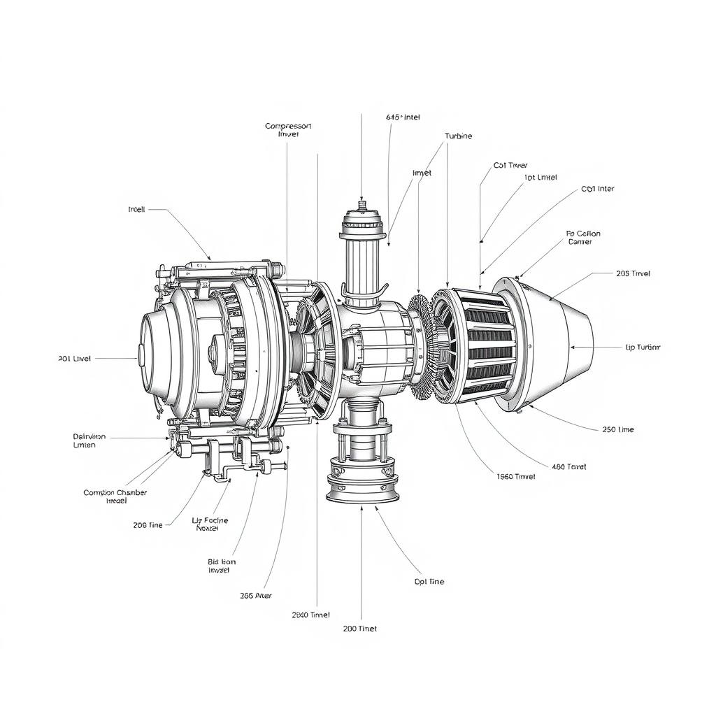 A detailed schematic diagram of a turbojet engine, showcasing all internal parts and mechanisms with precise dimensions