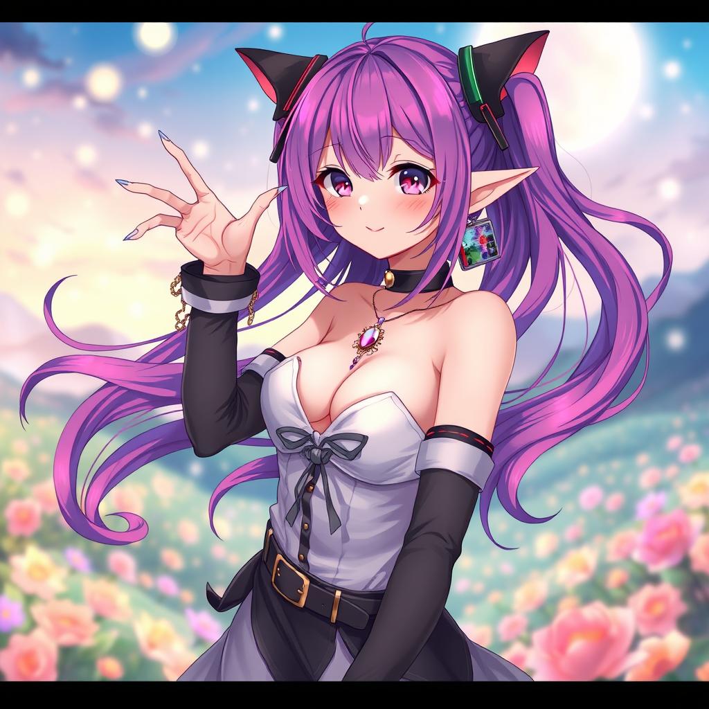 An attractive anime girl in a stylish and revealing outfit, featuring large, unattractive ears and quirky accessories