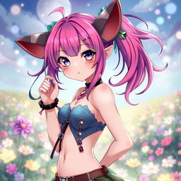 An attractive anime girl in a stylish and revealing outfit, featuring large, unattractive ears and quirky accessories