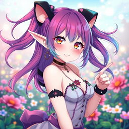 An attractive anime girl in a stylish and revealing outfit, featuring large, unattractive ears and quirky accessories