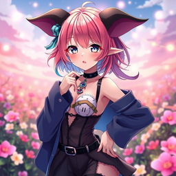 An attractive anime girl in a stylish and revealing outfit, featuring large, unattractive ears and quirky accessories