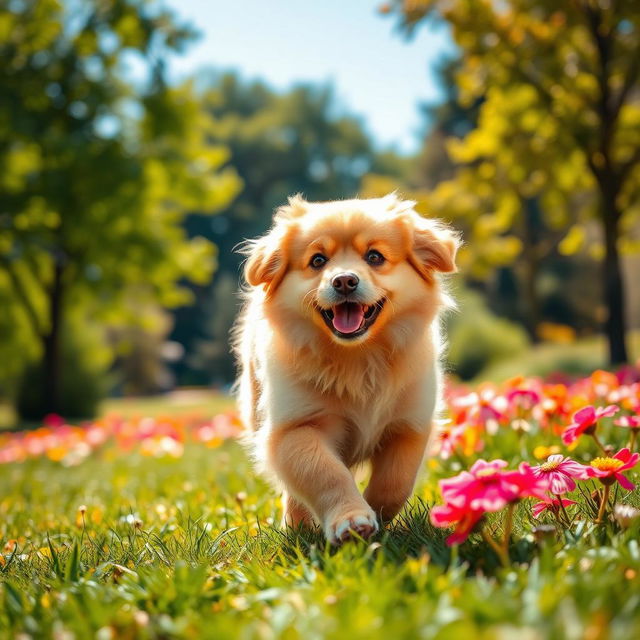 A beautiful fluffy dog with silky fur, playfully running through a sunlit park filled with green grass and colorful flowers