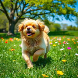 A beautiful fluffy dog with silky fur, playfully running through a sunlit park filled with green grass and colorful flowers