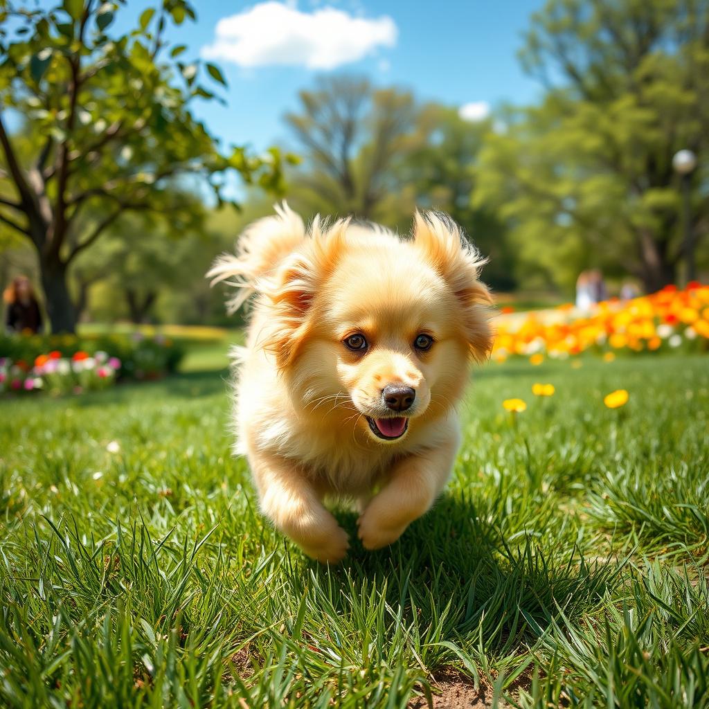 A beautiful fluffy dog with silky fur, playfully running through a sunlit park filled with green grass and colorful flowers