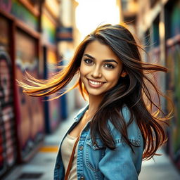 A stunning brunette girl with beautiful brown eyes, wearing a stylish outfit, standing confidently in an urban setting