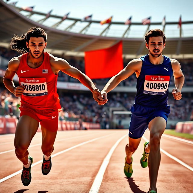 A dynamic scene of athletes in a relay race, showcasing the crucial moment of passing the baton