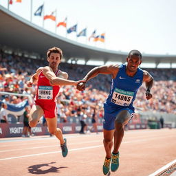 A dynamic scene of athletes in a relay race, showcasing the crucial moment of passing the baton