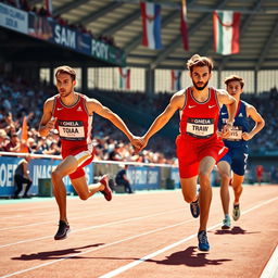 A dynamic scene of athletes in a relay race, showcasing the crucial moment of passing the baton