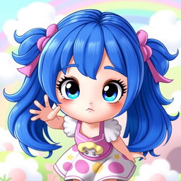 A vibrant animated girl with bright blue hair styled in playful pigtails, wearing a colorful outfit featuring a mix of pastel colors