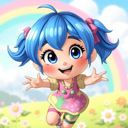 A vibrant animated girl with bright blue hair styled in playful pigtails, wearing a colorful outfit featuring a mix of pastel colors