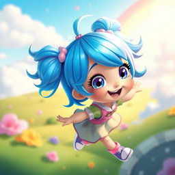 A vibrant animated girl with bright blue hair styled in playful pigtails, wearing a colorful outfit featuring a mix of pastel colors