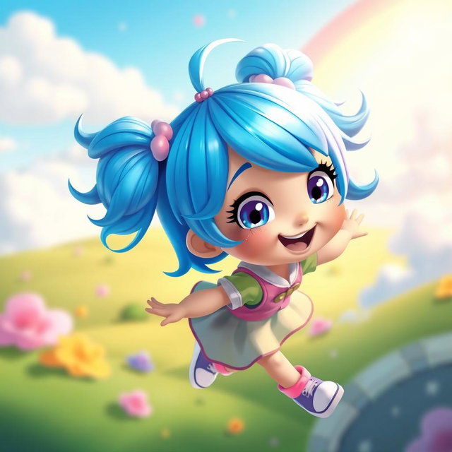 A vibrant animated girl with bright blue hair styled in playful pigtails, wearing a colorful outfit featuring a mix of pastel colors