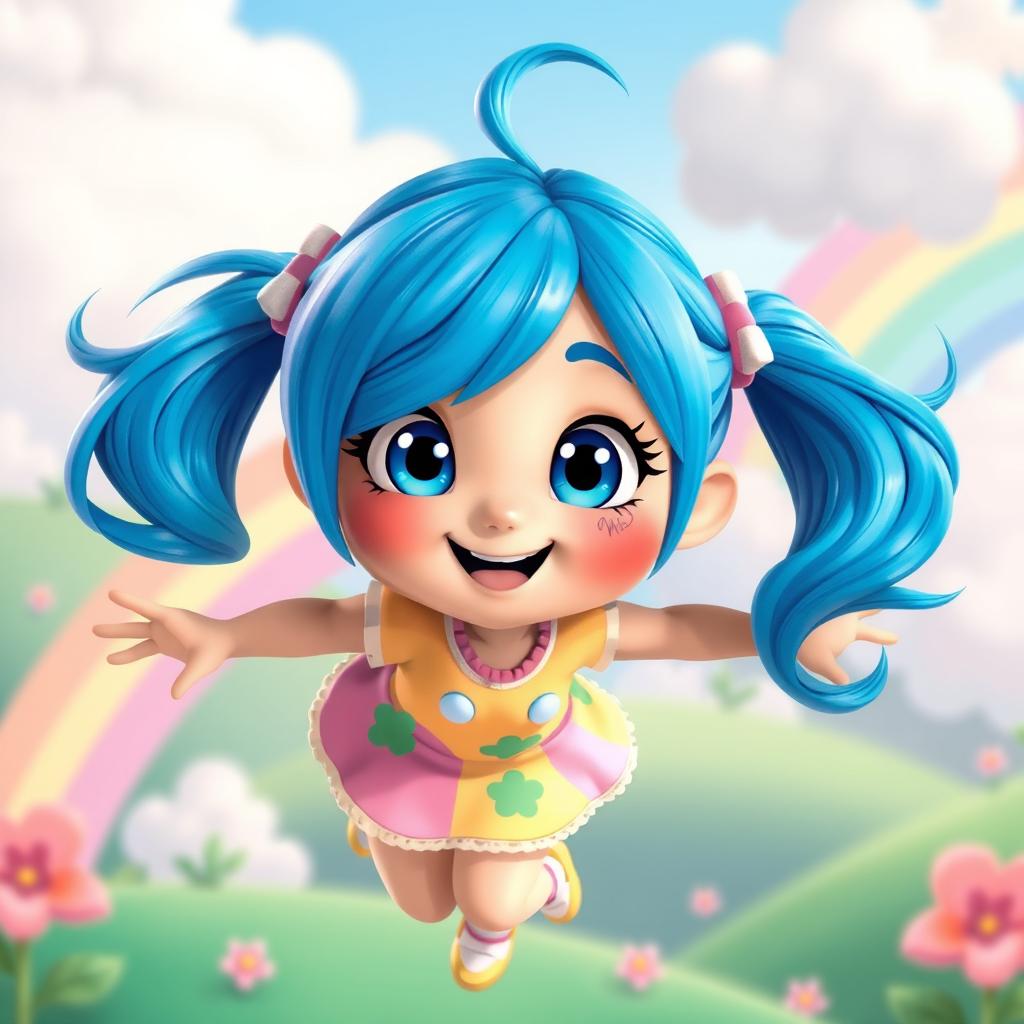 A vibrant animated girl with bright blue hair styled in playful pigtails, wearing a colorful outfit featuring a mix of pastel colors