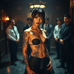 An attractive Japanese girl with revealing clothing showcasing intricate tattoos on her body, standing confidently in a dimly lit room