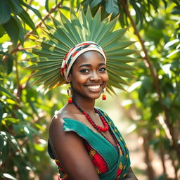 A beautiful African woman with a traditional moringa leaf headdress, showcasing her radiant skin and bright smile