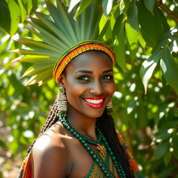 A beautiful African woman with a traditional moringa leaf headdress, showcasing her radiant skin and bright smile
