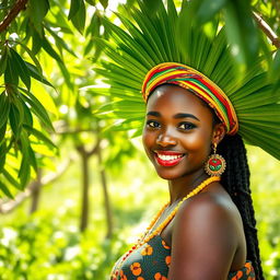 A beautiful African woman with a traditional moringa leaf headdress, showcasing her radiant skin and bright smile