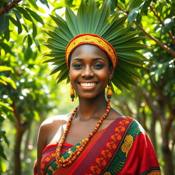 A beautiful African woman with a traditional moringa leaf headdress, showcasing her radiant skin and bright smile