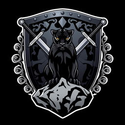 A dynamic and striking logo featuring a classic knight's shield as the central element, intricately designed with ornate patterns