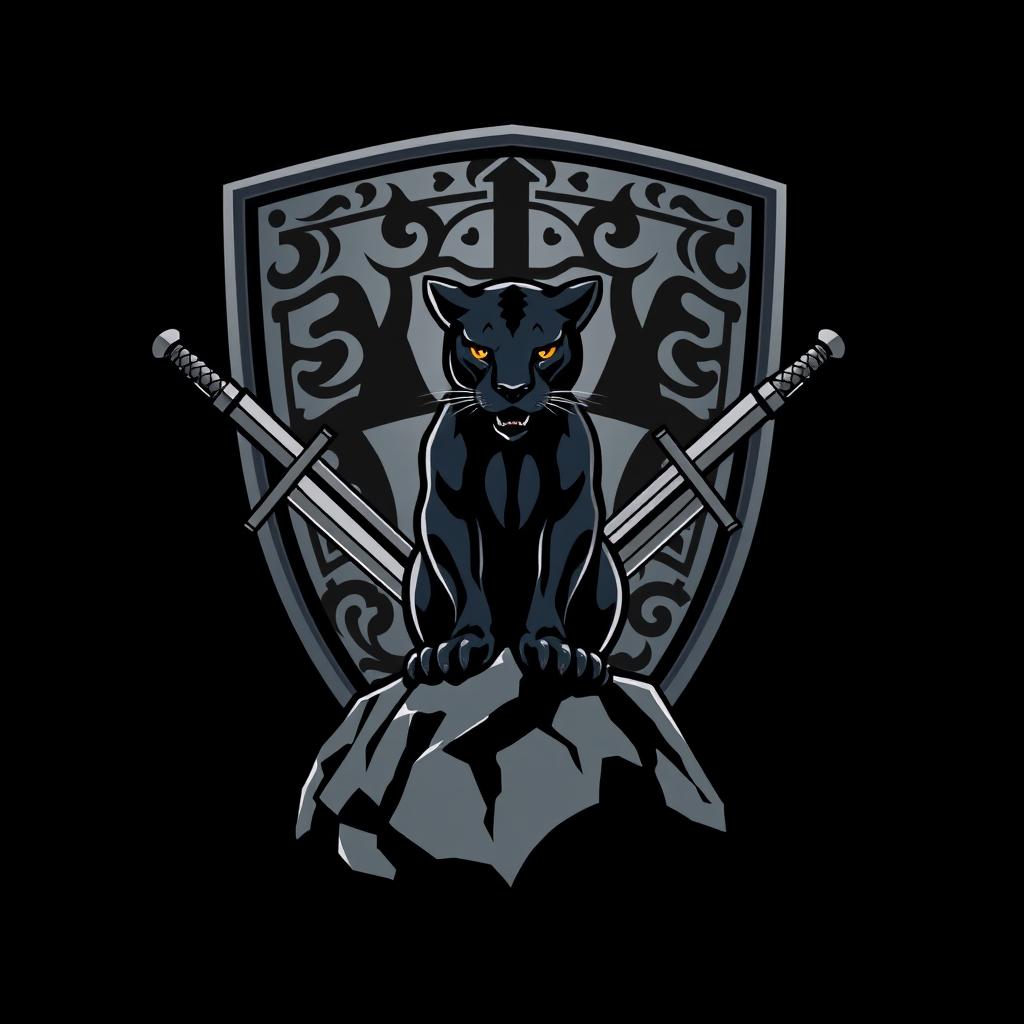 A dynamic and striking logo featuring a classic knight's shield as the central element, intricately designed with ornate patterns