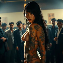A very attractive Japanese girl wearing revealing clothing, showcasing intricate tattoos on her body