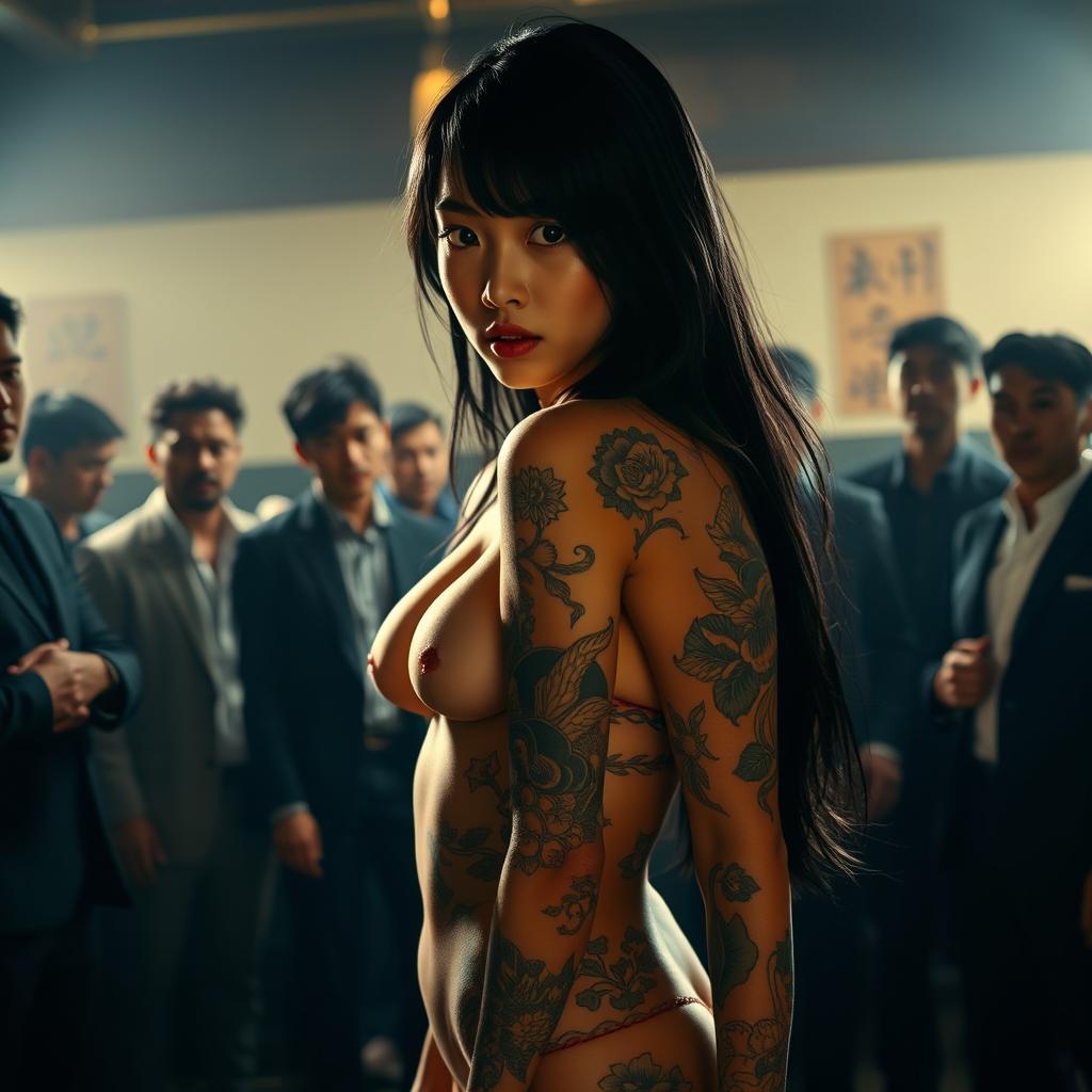 A very attractive Japanese girl wearing revealing clothing, showcasing intricate tattoos on her body