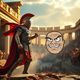 A dramatic and humorous scene depicting a fierce Roman warrior in traditional armor, adorned with a helmet and a flowing red cape, standing in a classic Roman arena