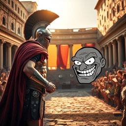 A dramatic and humorous scene depicting a fierce Roman warrior in traditional armor, adorned with a helmet and a flowing red cape, standing in a classic Roman arena