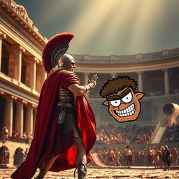 A dramatic and humorous scene depicting a fierce Roman warrior in traditional armor, adorned with a helmet and a flowing red cape, standing in a classic Roman arena