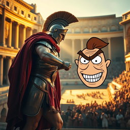 A dramatic and humorous scene depicting a fierce Roman warrior in traditional armor, adorned with a helmet and a flowing red cape, standing in a classic Roman arena