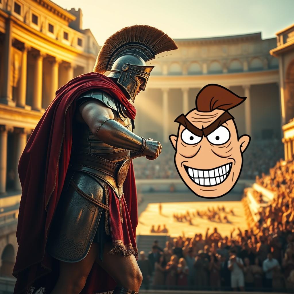 A dramatic and humorous scene depicting a fierce Roman warrior in traditional armor, adorned with a helmet and a flowing red cape, standing in a classic Roman arena