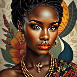 A striking African woman adorned with a Venus cross symbol, elegantly displayed as a jewelry piece or tattoo