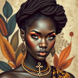 A striking African woman adorned with a Venus cross symbol, elegantly displayed as a jewelry piece or tattoo