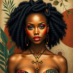 A striking African woman adorned with a Venus cross symbol, elegantly displayed as a jewelry piece or tattoo
