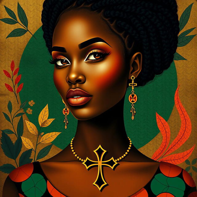 A striking African woman adorned with a Venus cross symbol, elegantly displayed as a jewelry piece or tattoo