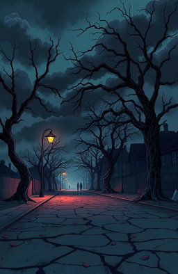 A surreal and dramatic illustration inspired by 'Tragedy Lane', featuring a haunting street landscape at dusk