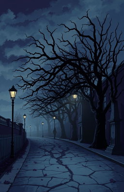 A surreal and dramatic illustration inspired by 'Tragedy Lane', featuring a haunting street landscape at dusk