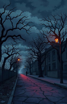 A surreal and dramatic illustration inspired by 'Tragedy Lane', featuring a haunting street landscape at dusk