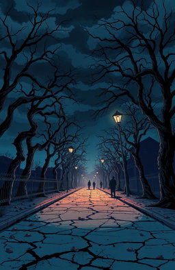 A surreal and dramatic illustration inspired by 'Tragedy Lane', featuring a haunting street landscape at dusk