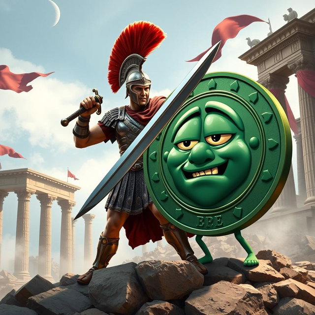 An intense and humorous scene depicting an Ancient Roman warrior in full armor battling a large, anthropomorphic Pepe meme coin