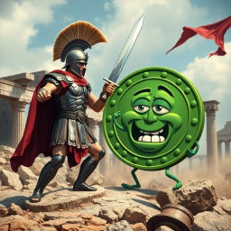 An intense and humorous scene depicting an Ancient Roman warrior in full armor battling a large, anthropomorphic Pepe meme coin