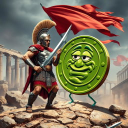 An intense and humorous scene depicting an Ancient Roman warrior in full armor battling a large, anthropomorphic Pepe meme coin