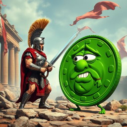 An intense and humorous scene depicting an Ancient Roman warrior in full armor battling a large, anthropomorphic Pepe meme coin