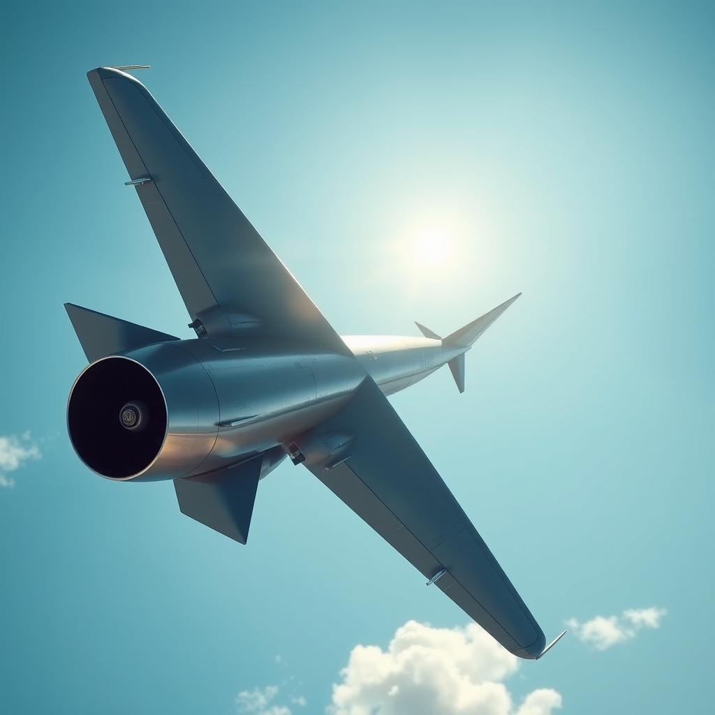 A jet plane depicted in a stunningly realistic style, measuring four meters in length and three meters in wingspan, soaring through a clear blue sky