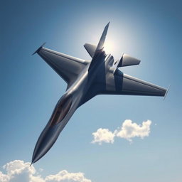 A jet plane depicted in a stunningly realistic style, measuring four meters in length and three meters in wingspan, soaring through a clear blue sky