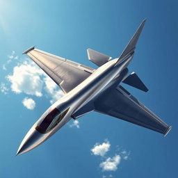 A jet plane depicted in a stunningly realistic style, measuring four meters in length and three meters in wingspan, soaring through a clear blue sky