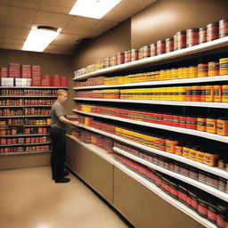 A well-organized car battery shop with rows of new batteries on shelves. The interior is illuminated with warm, inviting lighting, and there's a knowledgeable clerk behind a counter.