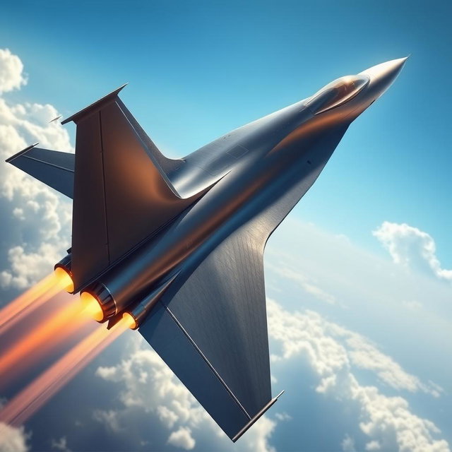 A jet plane depicted in a stunningly realistic style, measuring four meters in length and three meters in wingspan, soaring through a clear blue sky